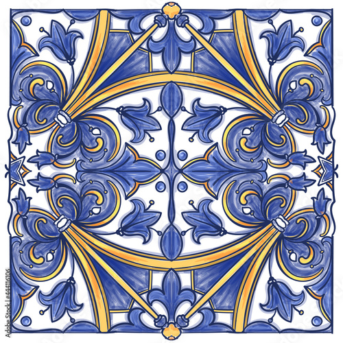 Azulejos Portuguese Dutch tile in shades of blue and yellow colors pattern. Baroque tiles. Vector Baroque. Rococo