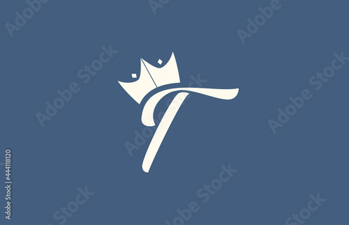 yellow blue hand written T alphabet letter logo icon. Business typography with royal style king crown