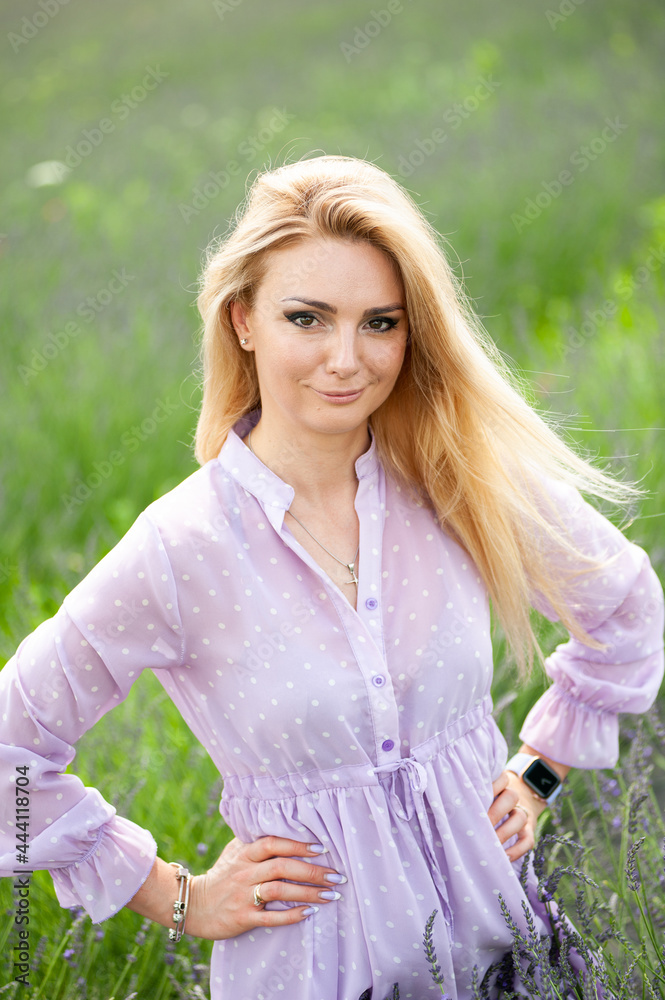 Woman in lavender flowers field at sunset in purple dress. France, Provence. Woman in lavender flowers field at sunset in purple dress. France, Provence.