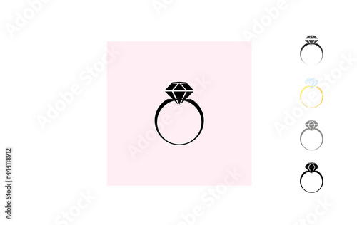 Logo diamond ring, engagement invitation design. Silhouette black color diamond ring, gold color ring. Vector eps 10.