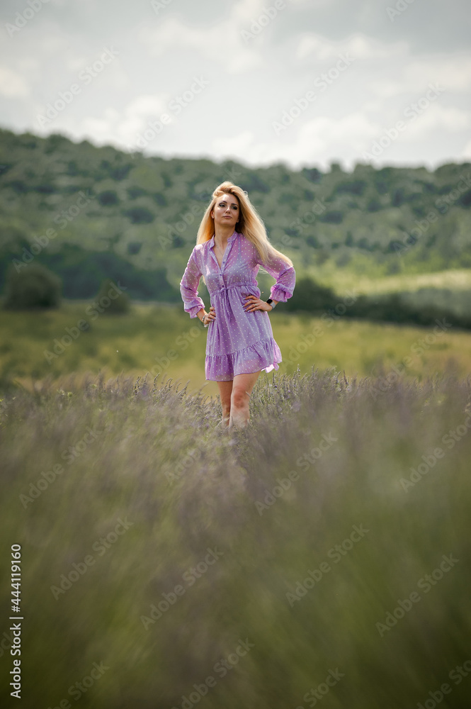 Beautiful fashion girl walking on a lavender Beautiful fashion girl walking on a lavender