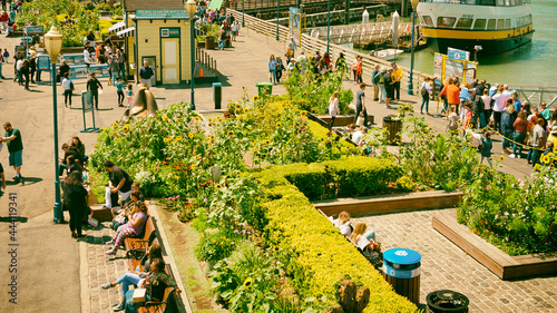 SAN FRANCISCO, CA - AUGUST 7, 2017: Aerial view of tourists in Fisherman's Wharf. The city attracts 20 million tourists annually