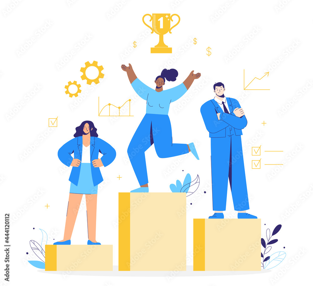 Business victory. People stand on the podium first, second and third place. Team winning award and celebrating success. Characters getting gold cup trophy. Business victory. People stand on the podium first, second and third place. Team winning award and celebrating success. Characters getting gold cup trophy.