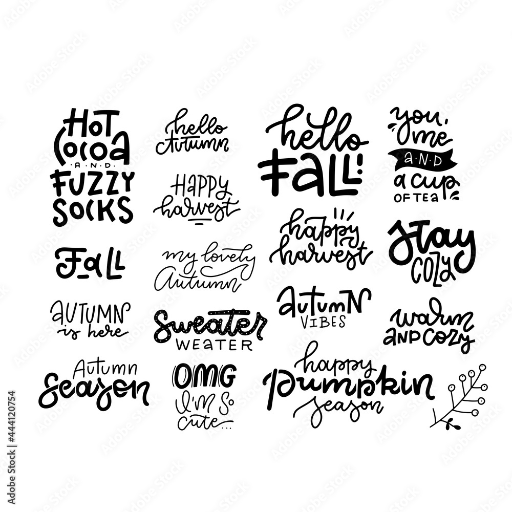 Set of 16 inspirational cute fall calligraphy handwritten quotes and phrases. Hello autumn, sweater weather, autumn vibes, stay cozy, etc. Vector hand ddawn lettering illustration