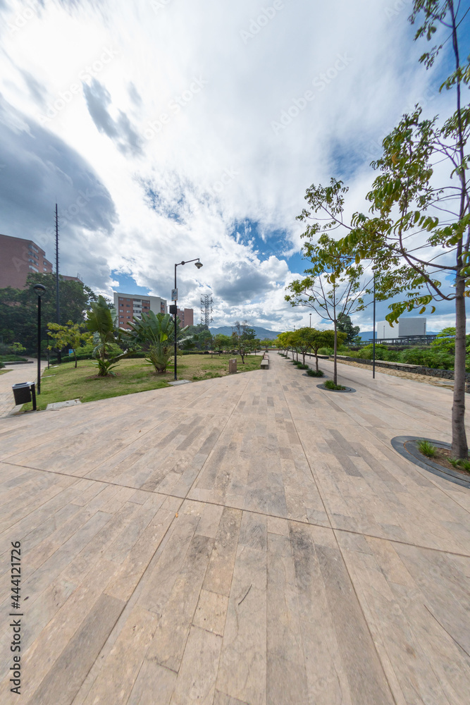 Medellin, Antioquia, Colombia. August 7, 2020: Parques del Río Medellín is a linear park located in the central area of the Colombian city of Medellín that integrates both banks of the Medellín River