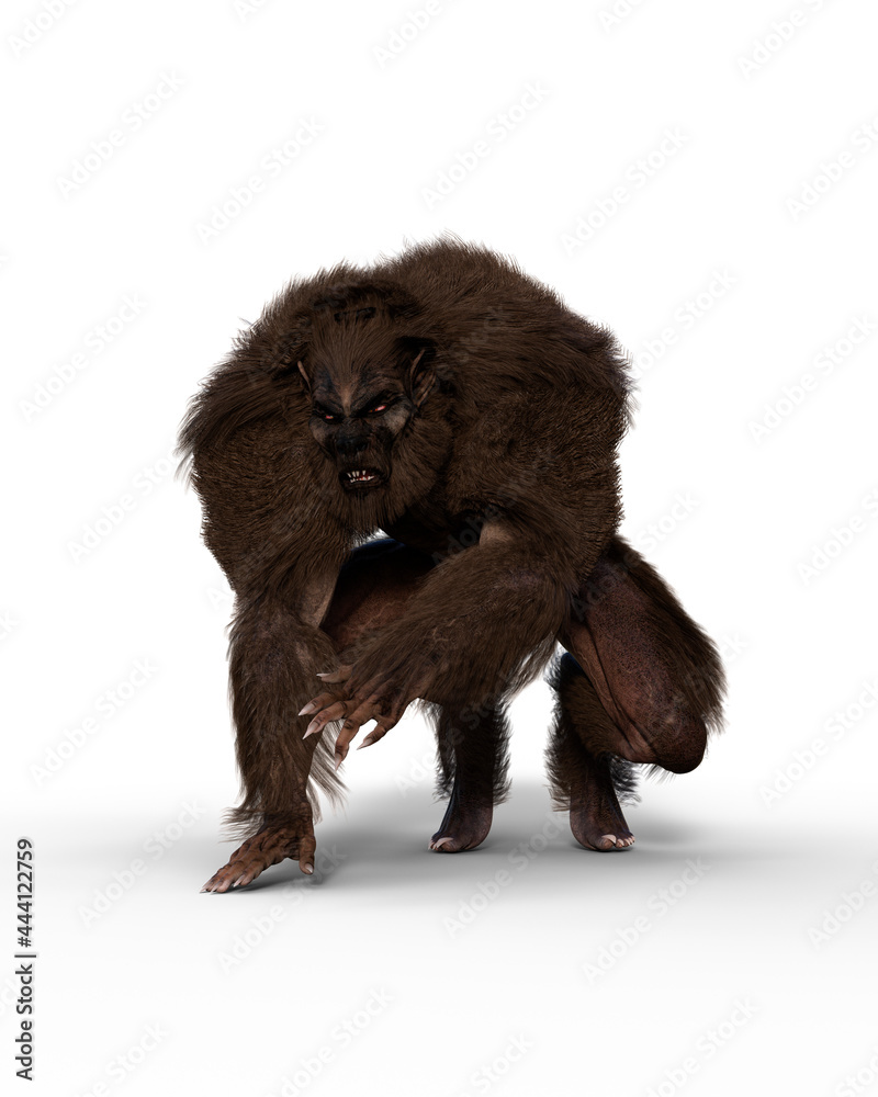Naklejka premium 3D illustration of a werewolf squatting and leaning on one hand isolated on white.