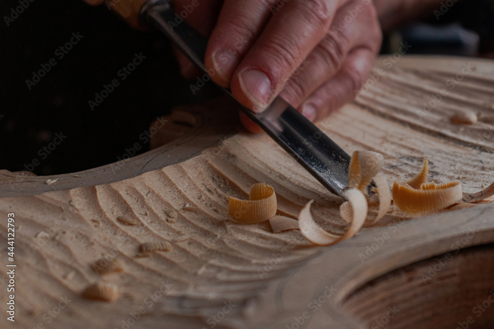 Luthier's hands using gouge to work the wood and make a violin Stock ...