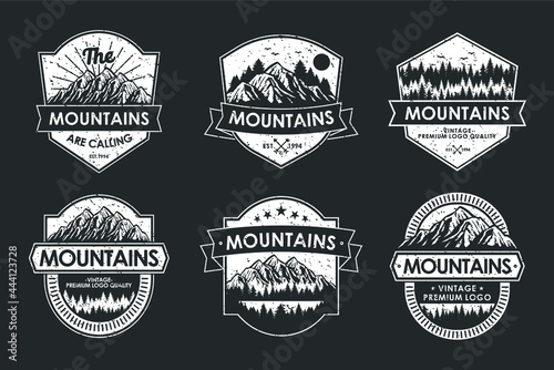 Vintage logo badge set adventure and outdoor mountains for sticker, hat, t-shirt, poster design
