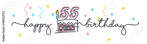 55th Birthday handwritten typography lettering Greeting card with colorful big cake, number, candle and confetti photo