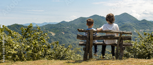 Two little brothers sitting on the bench and watching the long big mountains with forest, thinking, young, life