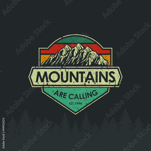 Retro Vintage logo badge adventure and outdoor mountains for sticker, t-shirt, hat, poster design 