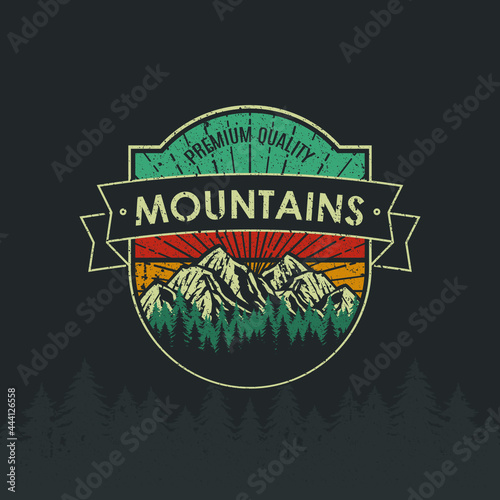 Retro Vintage logo badge adventure and outdoor mountains for sticker, t-shirt, hat, poster design 