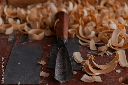 gouge and other tools that luthier use to work on Wood photo