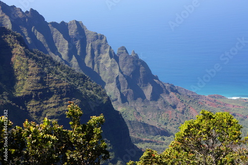 panoramic view of kalalau valley  and the pacific ocean from pu'u o kila overlook, kauai, hawaii photo