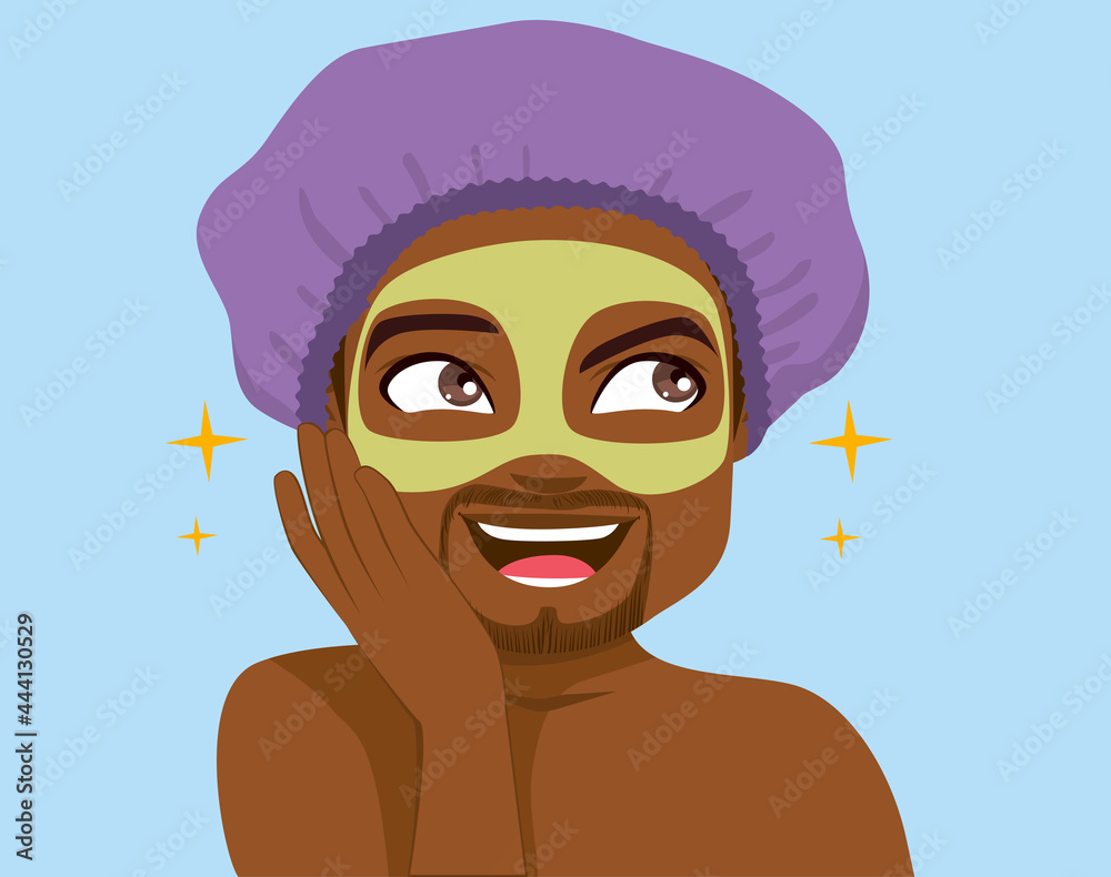 Young joyful black man with beard applying beauty mud mask treatment Young joyful black man with beard applying beauty mud mask treatment