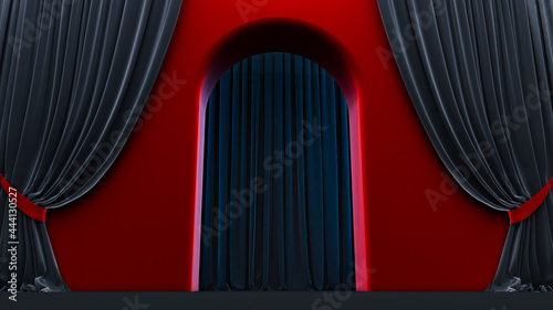 3d render of walkway arch  red and black hallway  Long tunnel with arches and red carpet