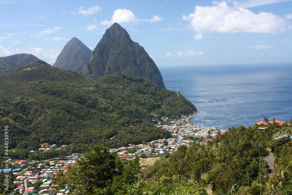 overlooking the spectacular volcanic pitons and the caribbean sea from an overlook above soufriere, in st. lucia in the caribbean
