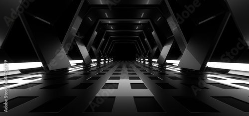 Fototapeta Naklejka Na Ścianę i Meble -  A dark tunnel lit by white neon lights. Reflections on the floor and walls. 3d rendering image.
