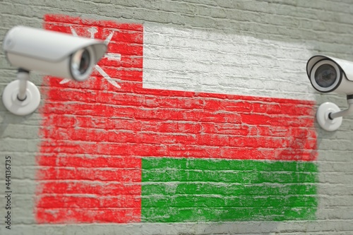 CCTV cameras and wall with flag of Oman. Surveillance related 3D rendering photo