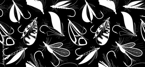 Fly fishing background. Seamless pattern with fishing hooks. 