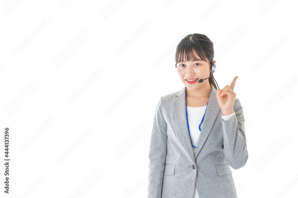 指をさすコールセンターの女性 指をさすコールセンターの女性