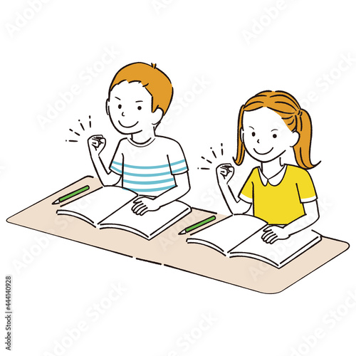 手書き線画カラーイラスト 男の子と女の子 夏期講習　ガッツポーズ