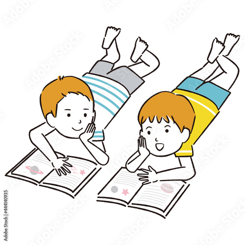 手書き線画カラーイラスト 男の子　寝そべって読書