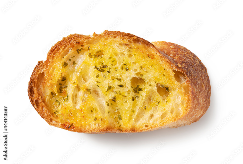 Baked bread with garlic and herbs on a white background.