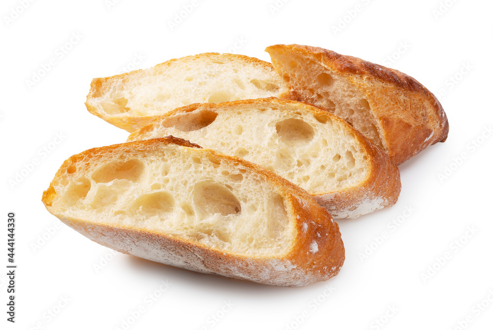 A sliced baguette placed on a white background.