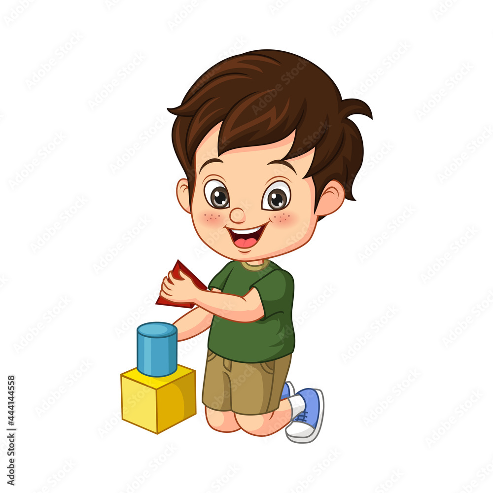 Cartoon little boy playing with cubes