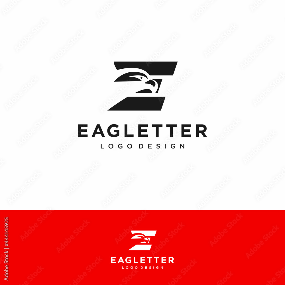 Fototapeta premium Letter E eagle head logo black vector color and red background art