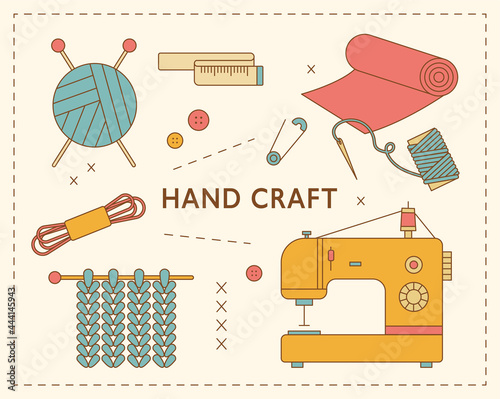 Sewing machine and knitting workshop items. Sawing workshop poster. flat design style minimal vector illustration.