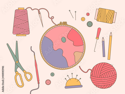  Embroidery frame and sewing tools. flat design style minimal vector illustration.