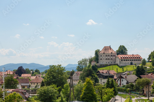 Dvorec Zaprice Grad castle in Kamnik, Slovenia, seen from above. Zaprice fortress is a medieval castle in the city of Kamnik and a major landmark of the area... photo