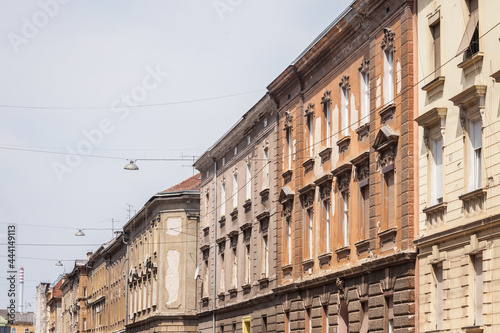 Typical Austro Hungarian Facades of decaying dilapidated old appartment residential buildings in a street of donji grad the historical center of Zagreb, Croatia, currently being renovated... © Jerome
