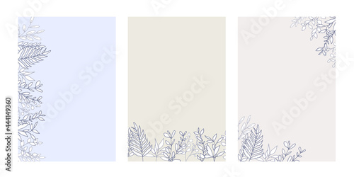 線画タッチ手書きの草木と花ポストカード　Set of floral elements for graphic and web design. Vector illustrations for beauty, 