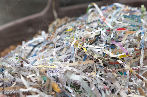 Selective focus Pile of recycled paper scraps for  global warming concept