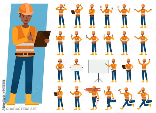 Fotografia Set of Builder man wear safety vest reflective shirt working character vector design