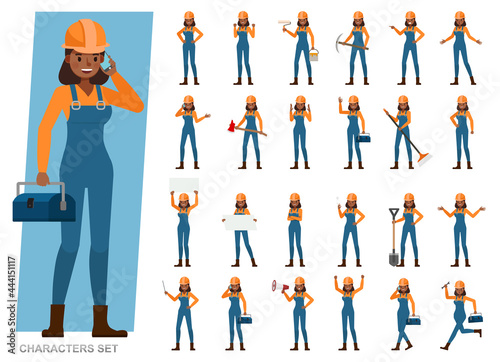 Set of Builder woman wear blue jeans working character vector design. Presentation in various action with emotions, running, standing and walking.
