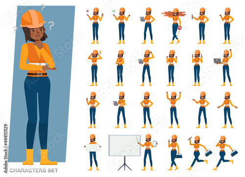 Set of Builder woman wear safety vest reflective shirt working character vector design. Presentation in various action with emotions, running, standing and walking.