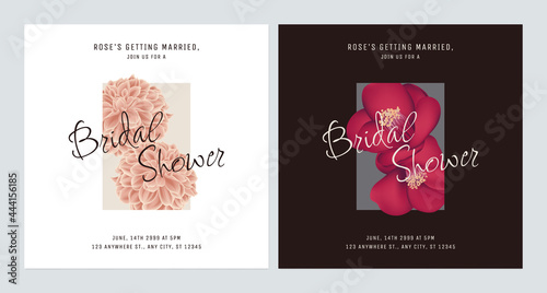 Minimalist floral bridal shower invitation card template design, dahlia and camellia, bright and dark theme