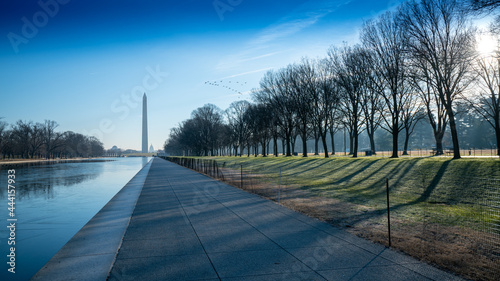 Washington Monument at National Mall at dawn, Washington Monument on the Reflecting Pool in Washington DC, USA 