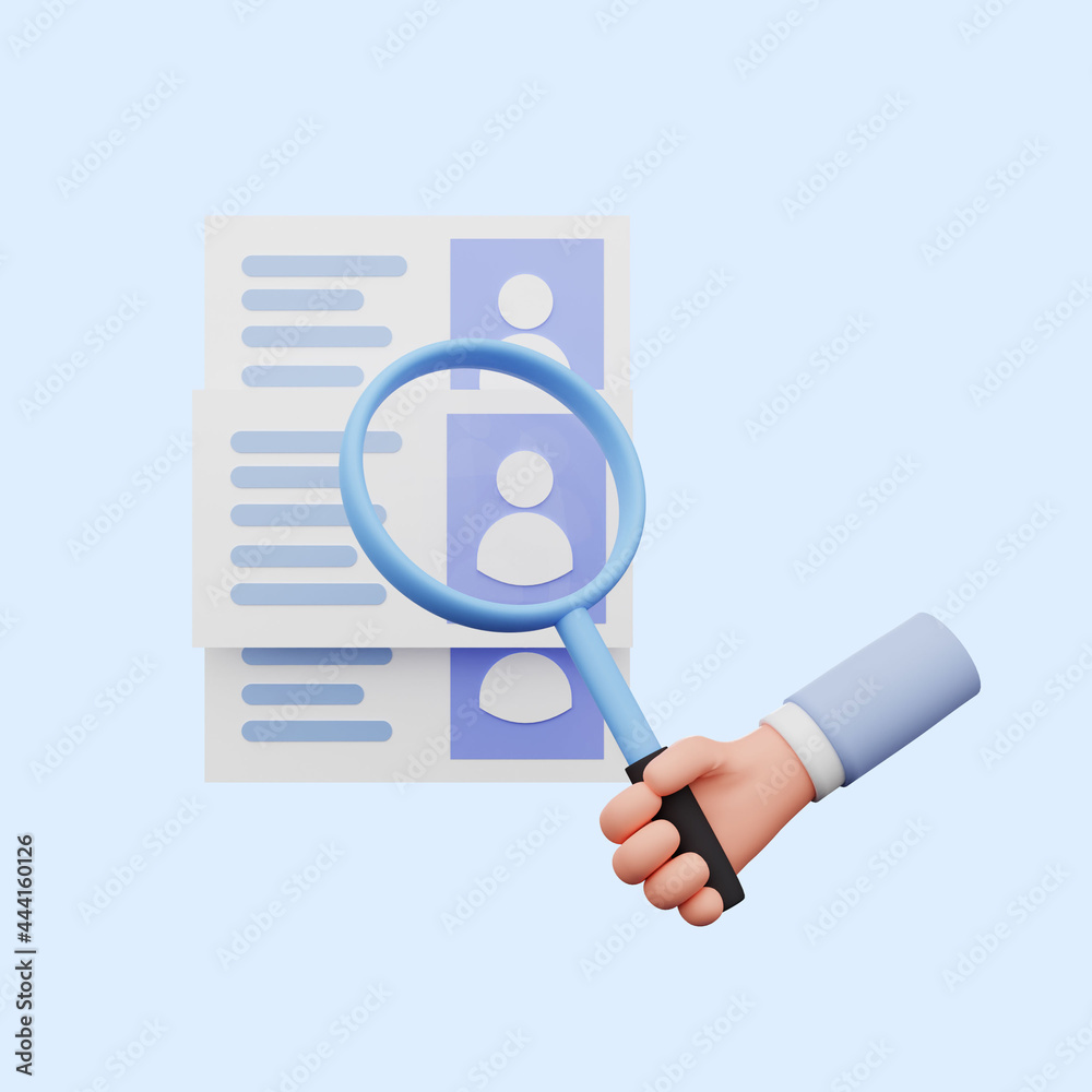 3d illustration of hand holding a magnifying glass to people candidate 3d illustration of hand holding a magnifying glass to people candidate