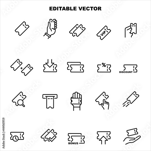 Ticket Icon Set in outline style.Contains such Icons as Bonus offer, Mobile Ticket and more. isolated on white background. 
Ticket symbol for your web site design, logo, app, UI.