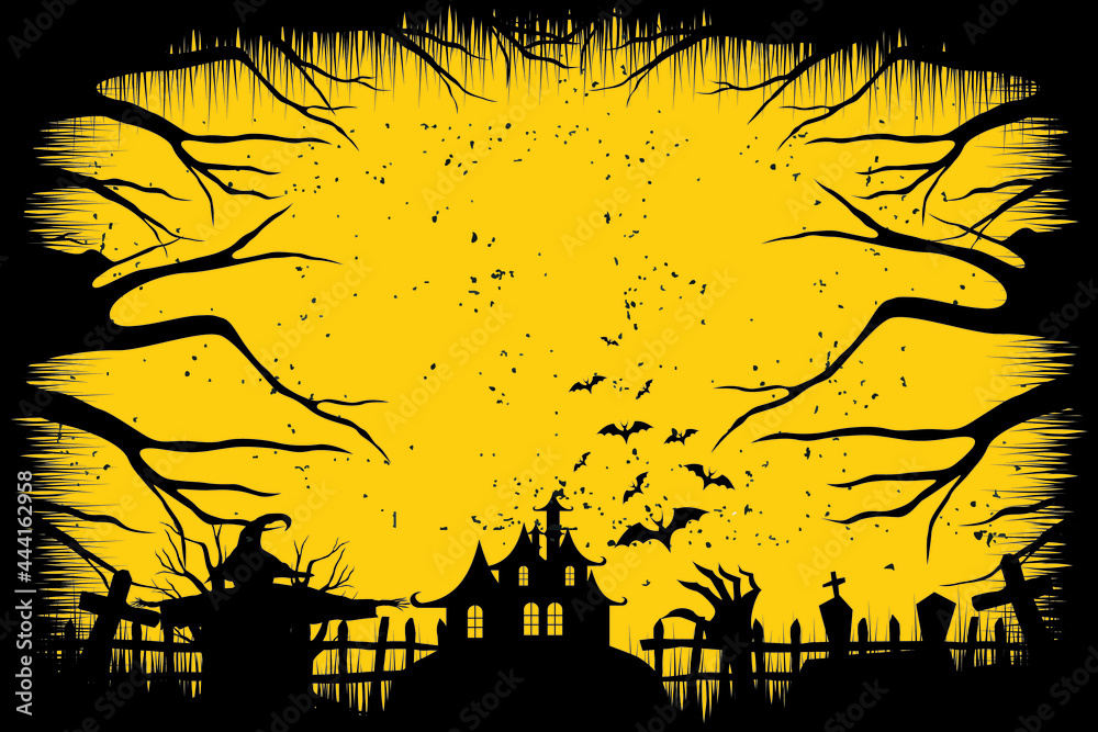 Happy Halloween. haunted house, tree, cemetery, scarecrow, bat vector illustration 