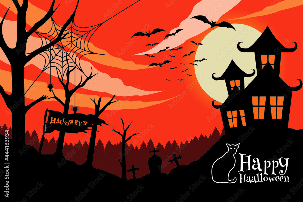 Happy Halloween. haunted house, tree, cemetery, scarecrow, bat, spider web vector illustration 
