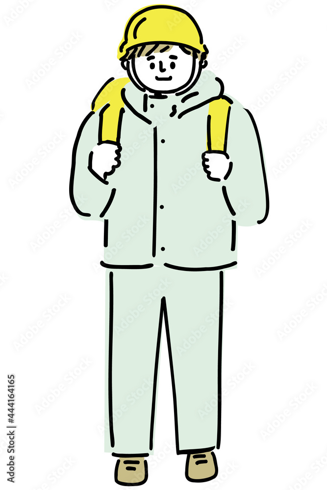 ヘルメットをかぶった避難する男性An evacuating man wearing a helmet. ヘルメットをかぶった避難する男性An evacuating man wearing a helmet.