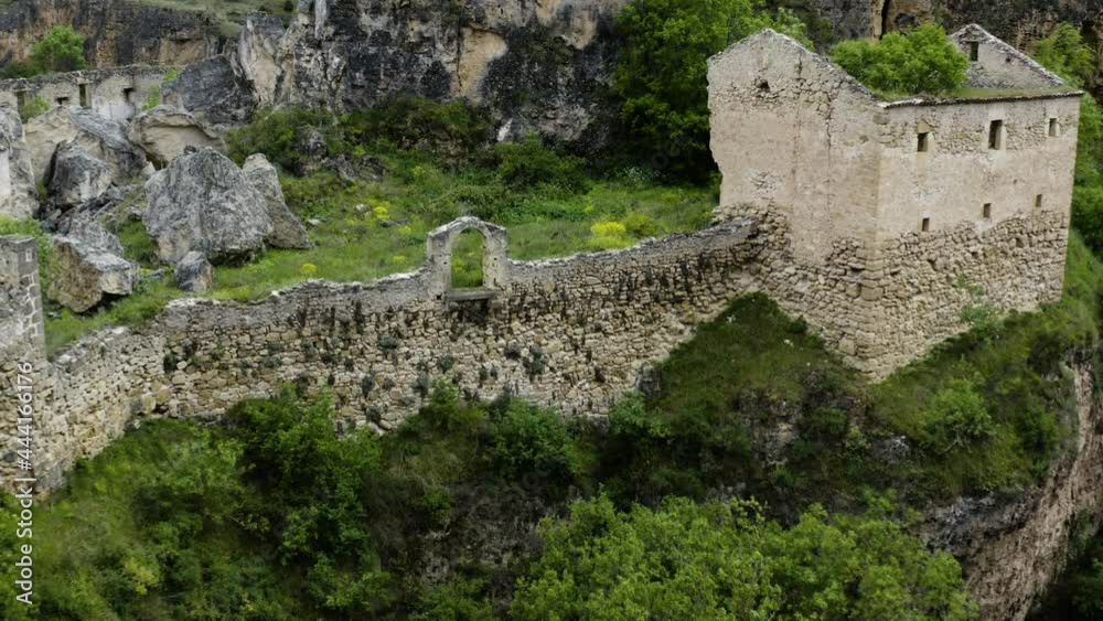 Ruins Of Convent De La Hoz In Hoces del Rio Duraton Natural Park In Sebulcor, Segovia, Spain. drone approach Ruins Of Convent De La Hoz In Hoces del Rio Duraton Natural Park In Sebulcor, Segovia, Spain. drone approach