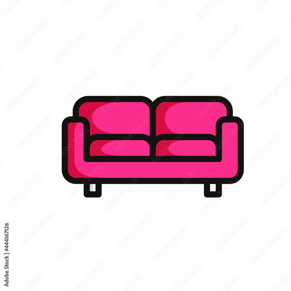 mattress sofa symbol in red colored black line art style and shadow details.