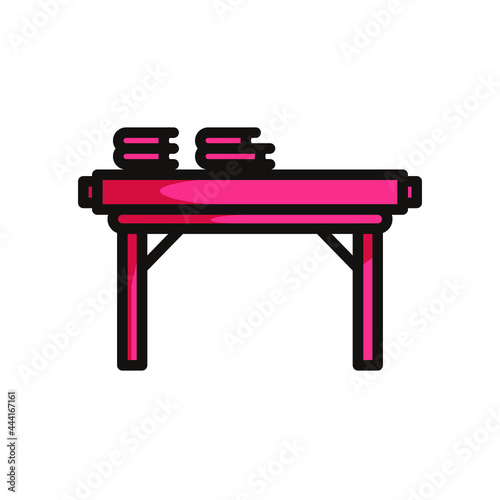 Simple symbol of a study desk, red colored in black line art style and shadow details.